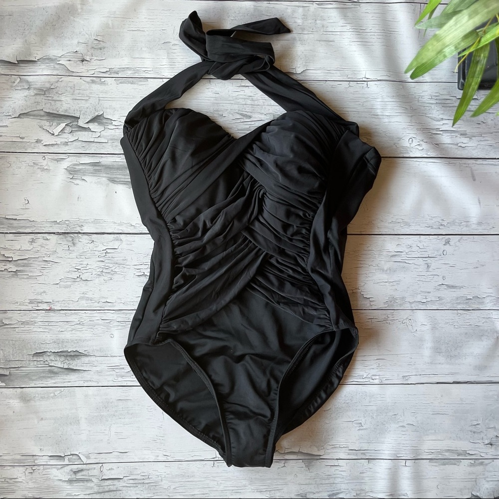 MagicSuit Black Ruched Halter One-Piece Swimsuit Size 14